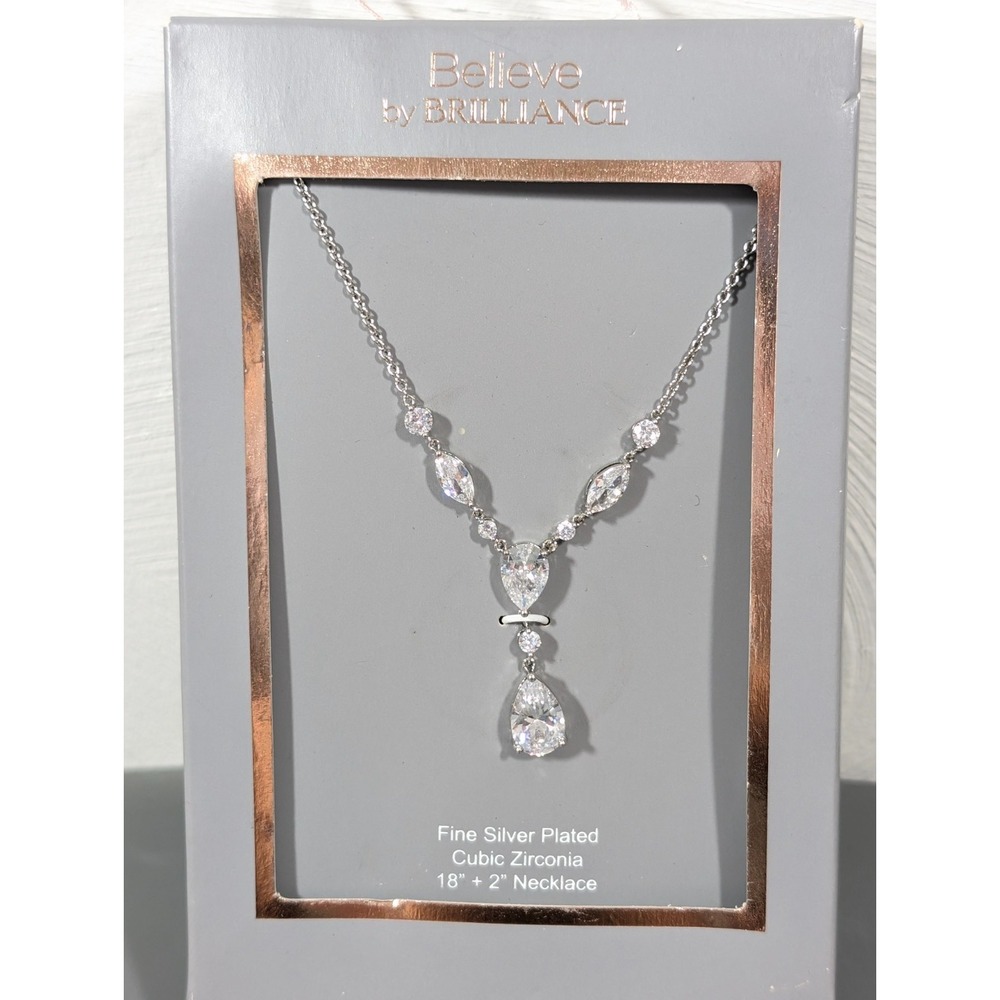 Believe by Brilliance Silver Plate Teardrop CZ‎ Necklace Sparkle Tennis Evening